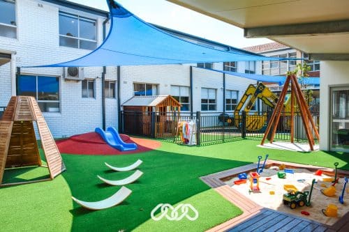 Bright and secure playground at Fairfield Montessori Academy, featuring green artificial turf, wooden play structures, swings, a sandbox, and a digger, all under a large blue shade cloth with the academy's building in the background