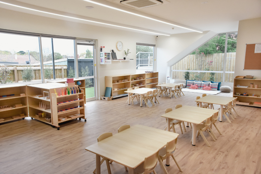 Kinder classroom at Elsternwick Montessori Academy with Montessori materials and spacious learning areas.
