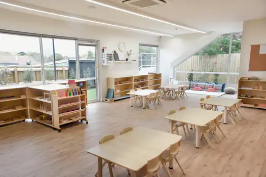 Kinder classroom at Elsternwick Montessori Academy with Montessori materials and spacious learning areas.