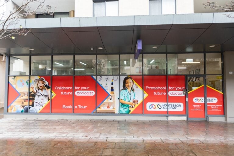 Entrada Parramatta childcare centre exterior with Montessori Academy signage and Book a Tour window display