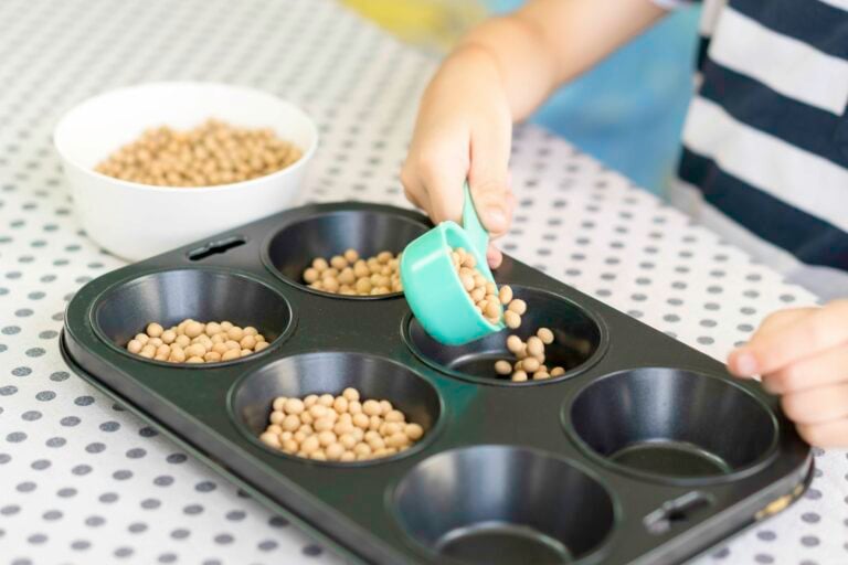 A child holding a small teal scoop to transfer chickpeas from a bowl to a baking tray.