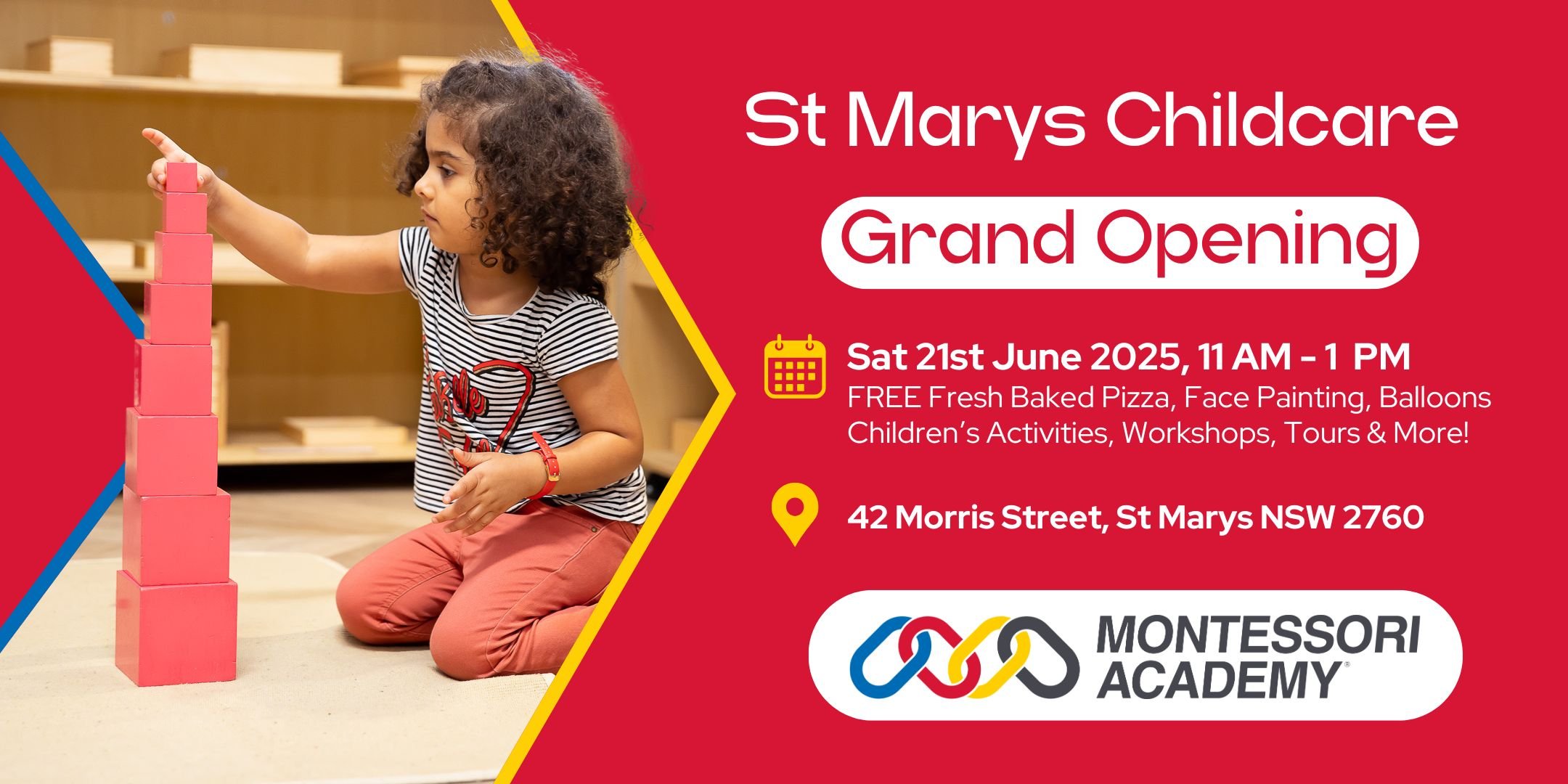 Red banner with white text and image of child building a Montessori pink tower