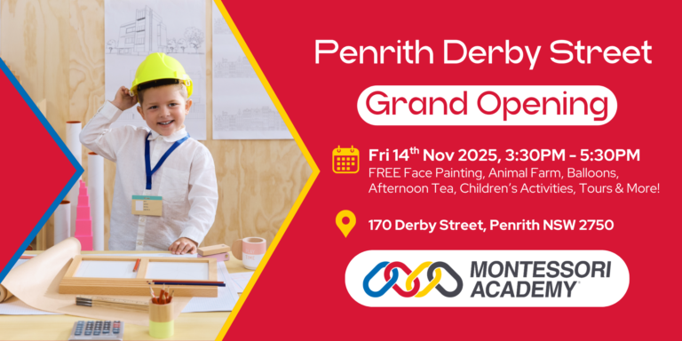Red banner with with text and image of child dressed as architect