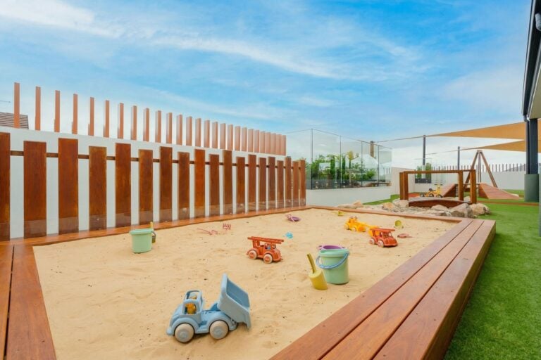Sandpit play area at Leppington childcare centre with outdoor learning and nature play space
