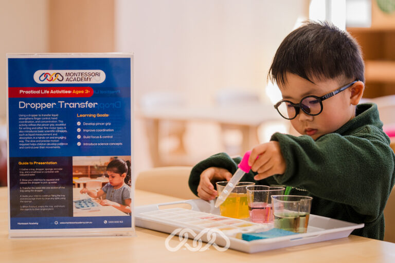 Child exploring Montessori learning materials inside the Northmead Montessori Academy classroom.